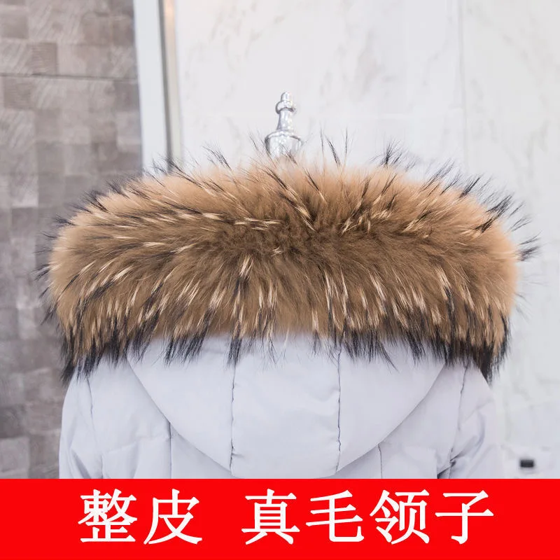 REAL Raccoon Fur Collar Hats Stripe Down Jacket Cotton Coat Fur Accessories Poncho Feminino Inverno  Cachecol