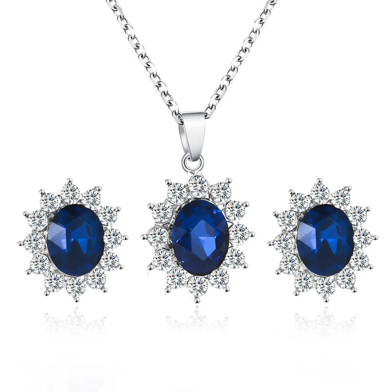 

Diamond Set Oval Blue Zircon Jewelry Set for Women's Engagement Silver Earrings Necklace Charm Women's Temperament Jewelry
