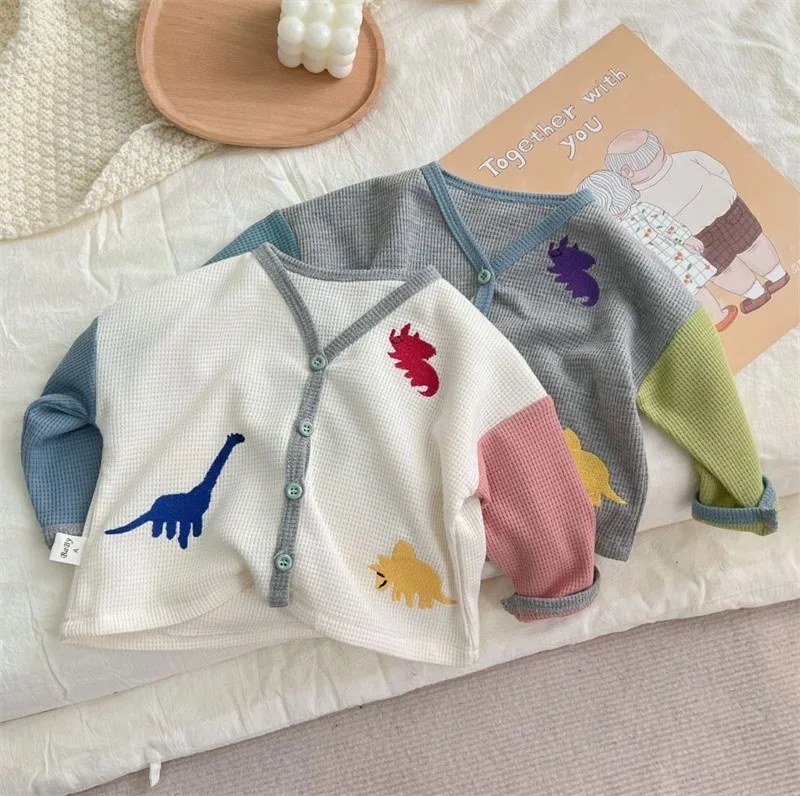 

Newborn Baby Outerwear Infant Girls Clothes Waffle Coat Kids Boys Long Sleeve Cardigan Cute Cartoon Dinosaur Pattern Jacket 0-2y