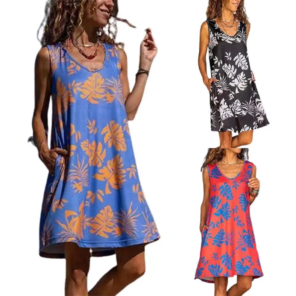 

Bohemian Women Dress Sleeveless Fashion Casual Floral Leaves Print O Neck Pullover A-line Dresses Women's Clothing