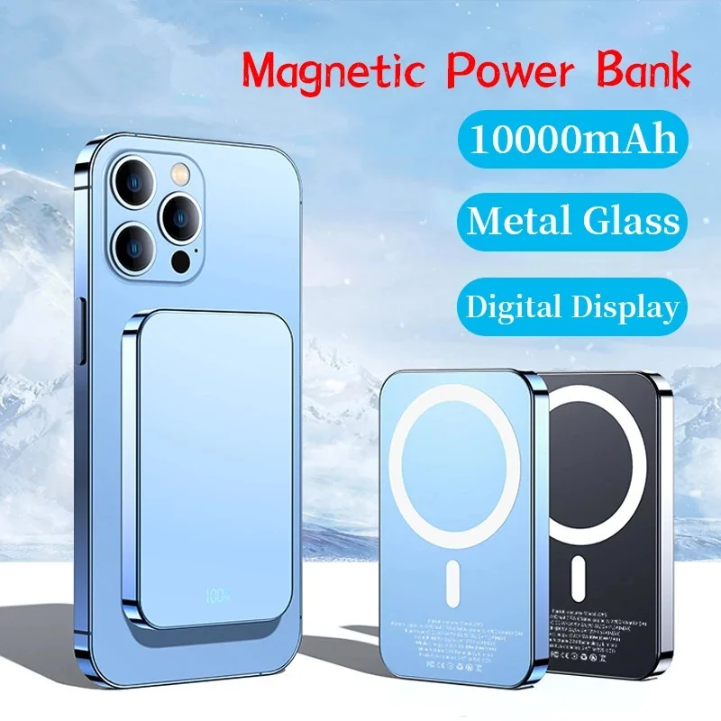 10000mAh Magnetic Wireless Power Bank Metal Frame Glass Back PD 20W Qi 15W For iPhone12 13 Portable External Battery Powerbank