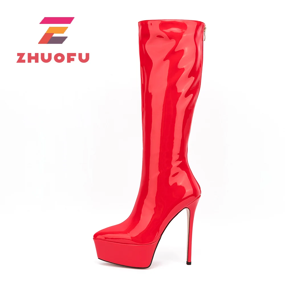 

Женские демисезонные сапоги до колена ZHUOFU, с круглым носком, на шпильке, модные розовые сапоги, белые, красные, золотые сапоги на платформе, ...