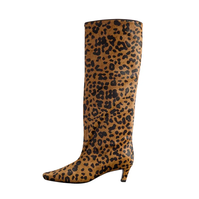 Женские сапоги с леопардовым принтом лоскутные Сапоги до колена без застежек на