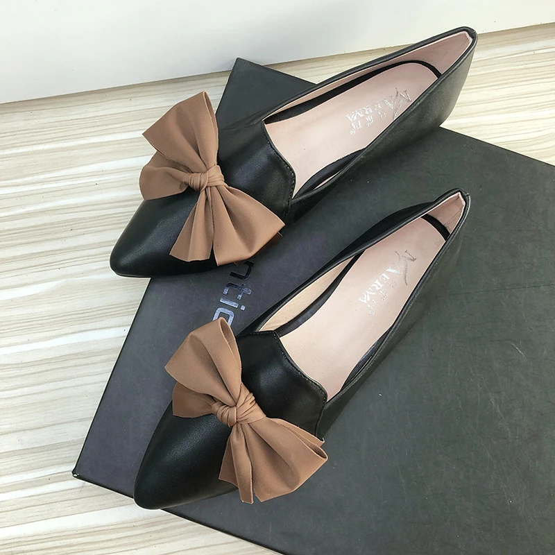 

Women Flats with Big Bow Black Flat Shoes Dressy Comfort Nice Quality Beige Slipons Solid Color 2023 Summer Girl's Leather Shoes