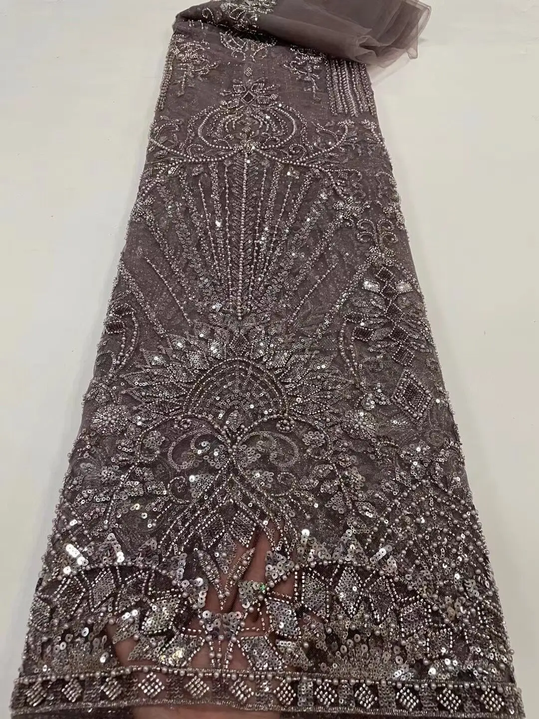 

High Quality African Nigerian Lace Fabric with beads and sequins Embroidery Tulle S-1228297 Wedding Party Dress