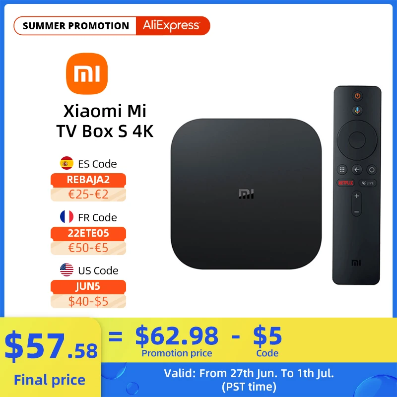 

[MAORR900 4500-900] Xiaomi Mi TV Box S 4K Android 9,0 со сверхвысоким разрешением Ultra HD, Cortex-A53 Quad Core 2 Гб + 8 Гб Декодер каналов кабельного телевидения компьютерной пр...