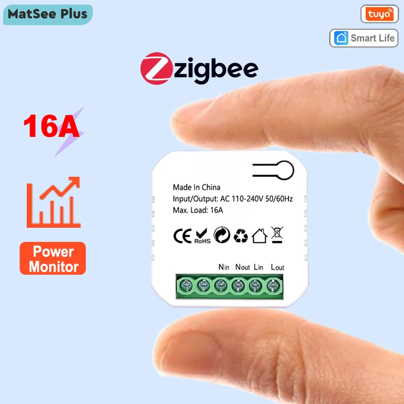 ZigBee Tuya Smart Mini Socket Module Релейный выключатель Таймер 16A Счетчик электроэнергии Монитор энергии и статистика Приложение Дистанционное управление Защита от перегрузки Работает с Google Home Alexa ZigBee2MQTT