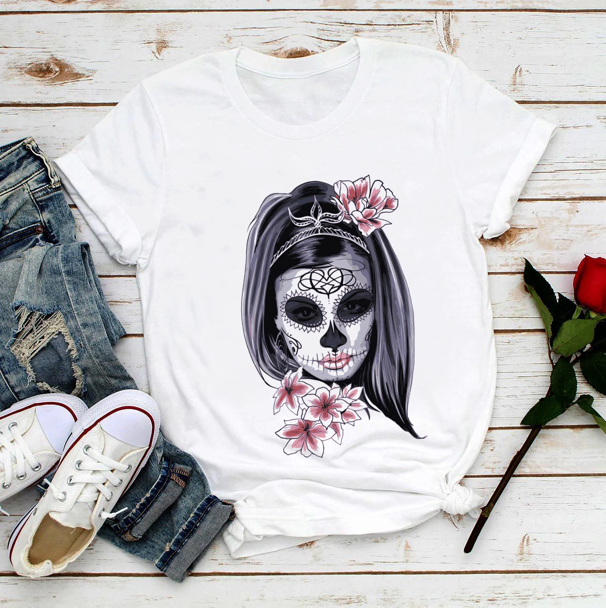 

Mexico Day of the Dead calavera sugar skull funny t-shirt women summer new white casual sweet kawaii t shirt femme