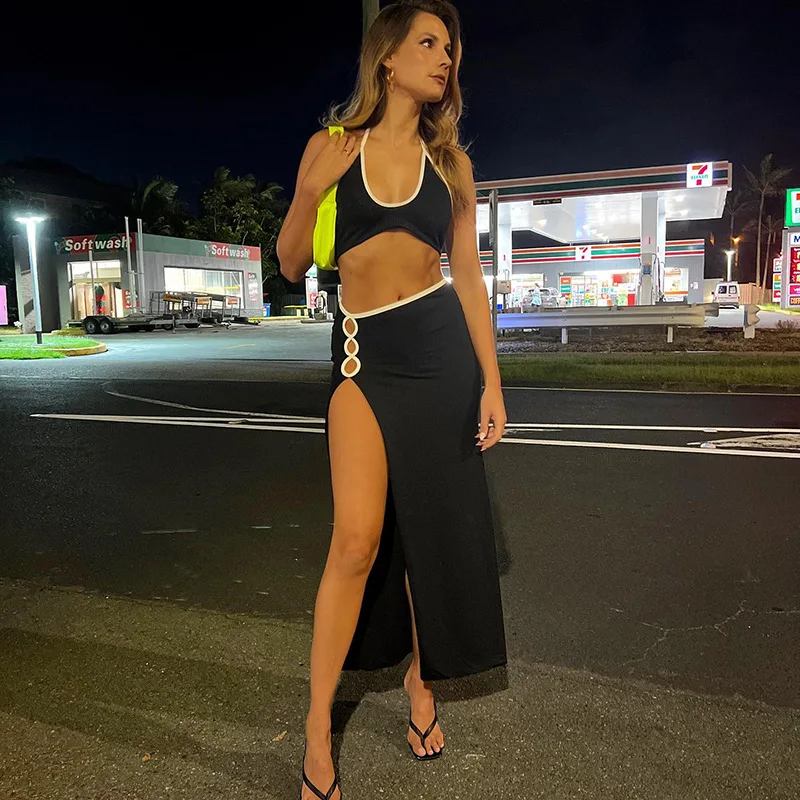 

Sexy Solid 2 Piece Set Halter Tie Up Backless Tank Crop Tops Beach Outfits Women Suits High Split Skirts Summer