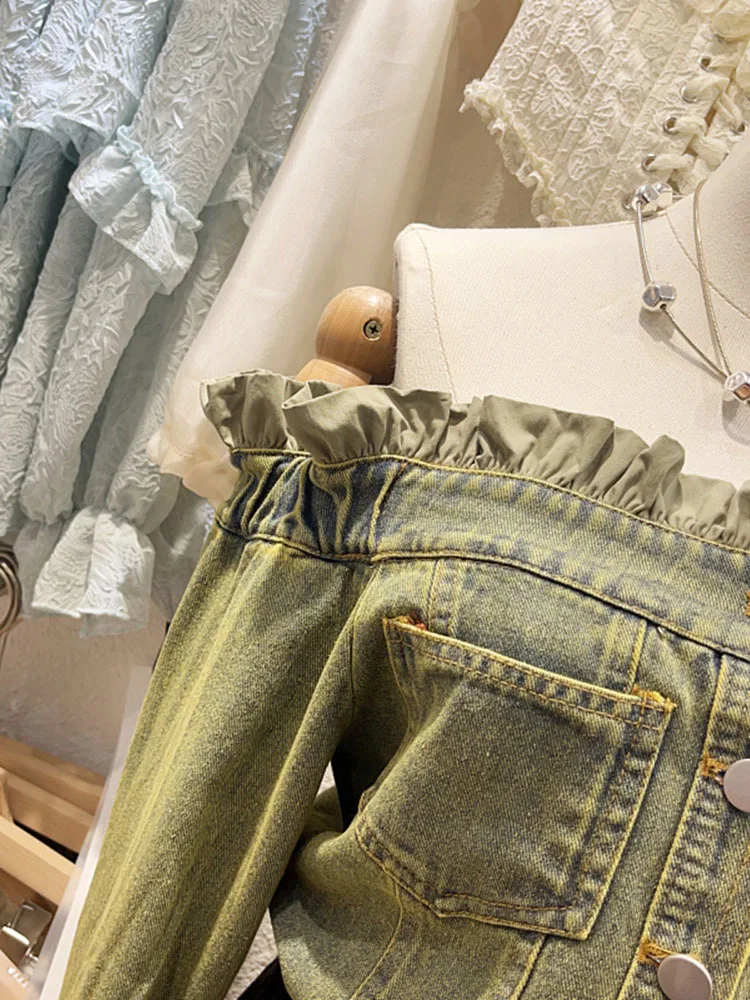 2024 джинсовая куртка Slah с открытыми плечами и длинными рукавами повседневные