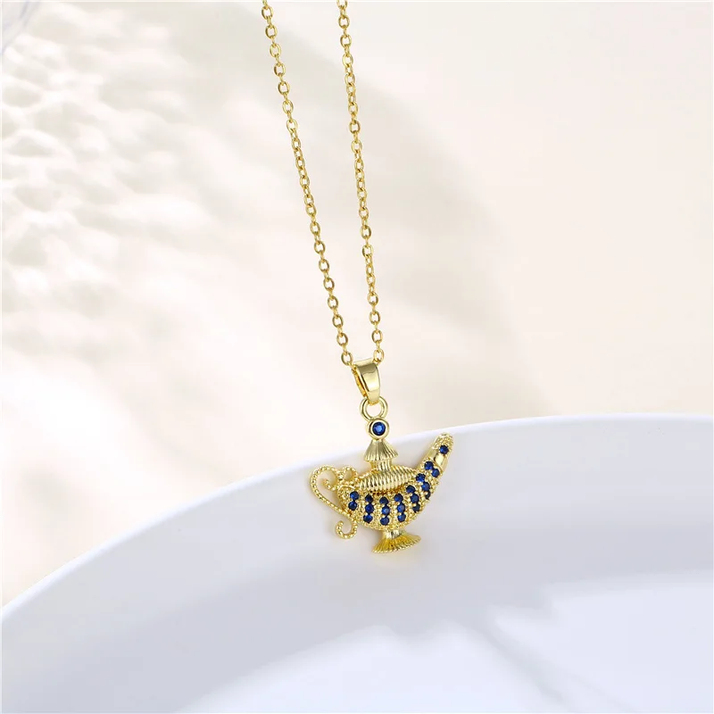 

Fashion Halloween Allah Magic Lamp Clavicle Chain Inlaid Zircon Kettle Necklace Blue Diamond Pendant Accessories for Women Girls