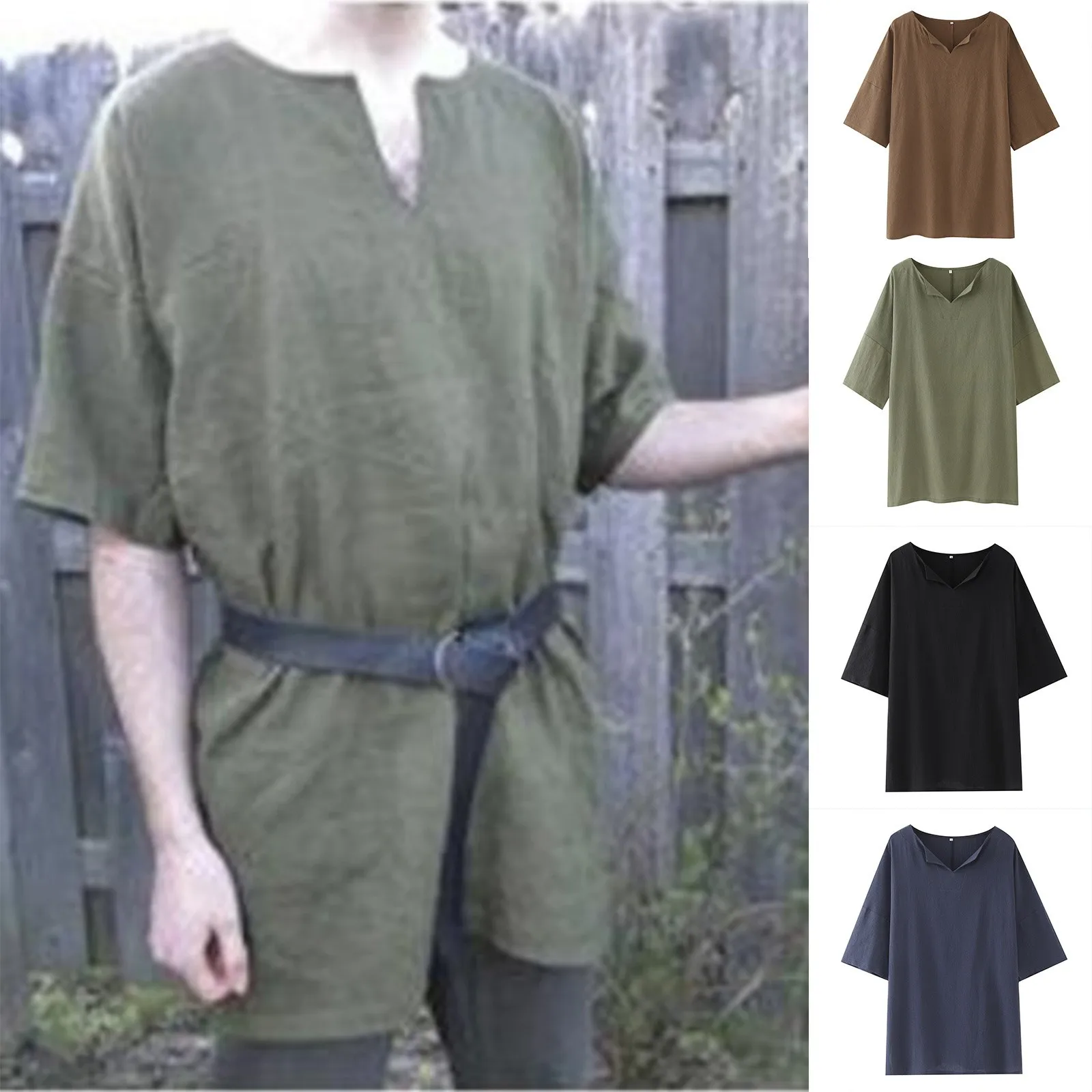 

Medieval Renaissance Retro Linen Shirt Long Tops Tunic Male Robes Dress Vintage Jackets Knight Pirate Cosplay Costumes -No Belt