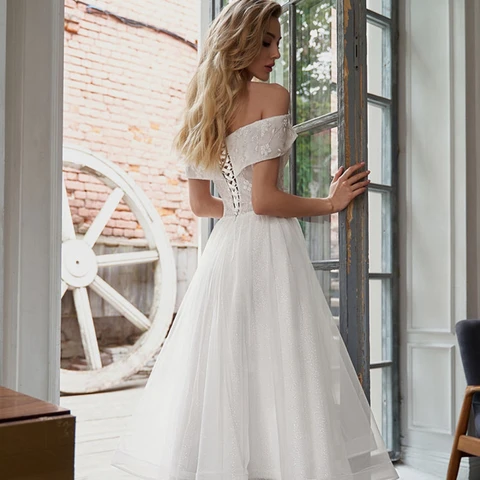 Exquisite V-neck  Lace Appliques A-Line Wedding Dress For Woman 2023 Off the Shoulder Tulle Bridal Gown Maid-Calf robe de mariée