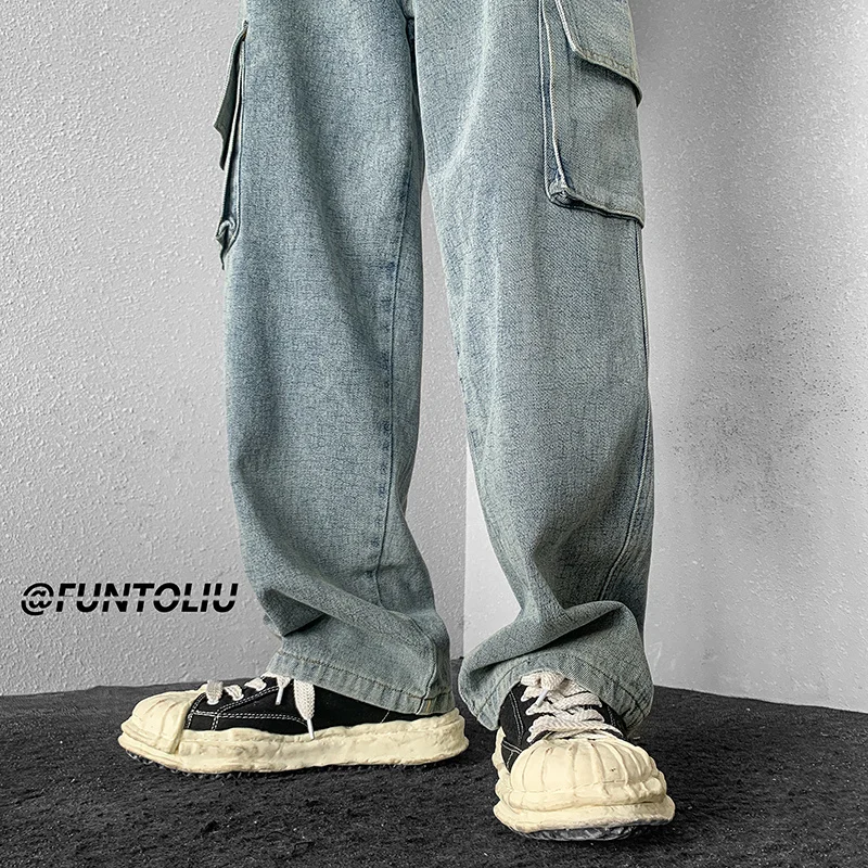 Blue/Black Baggy Jeans Men Fashion Oversized Pocket Cargo Jeans Men Streetwear Hip Hop Loose Straight Denim Pants Mens Trousers