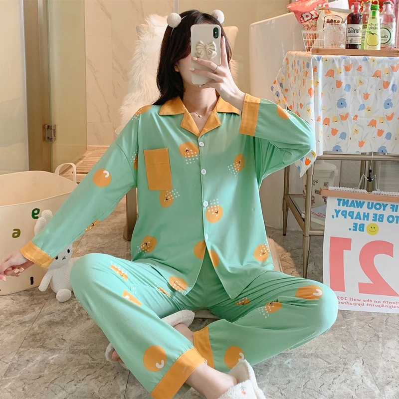 

Autumn Pajamas Women's Long-Sleeved Trousers Cardigan Korean Style Sweet Fresh Homewear Pairs of Long Imitation Cotton Suit Gree