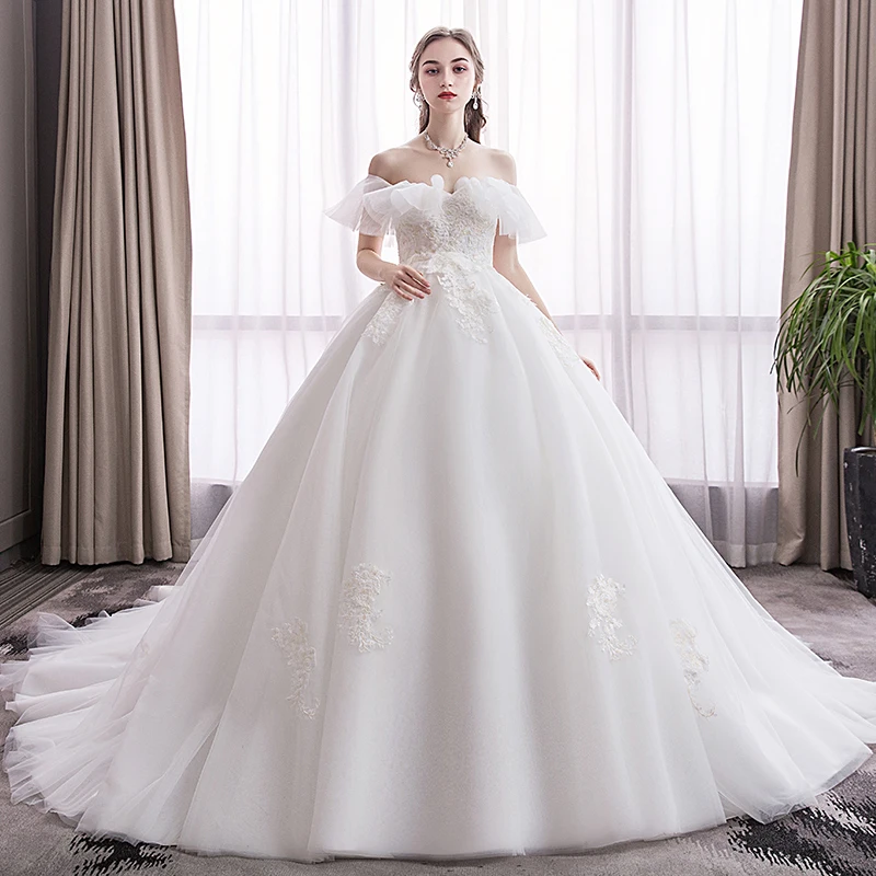 

White Boat Neck Wedding Dresses Elegant Embroidery Floor-length Plus size Pregnant Women 2022 Classic Party Formal Dress b063