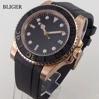 bliger nologo rose gold coated sub automatic men watch 24 jewels nh35a pt5000 curved end rubber strap black luminous dial