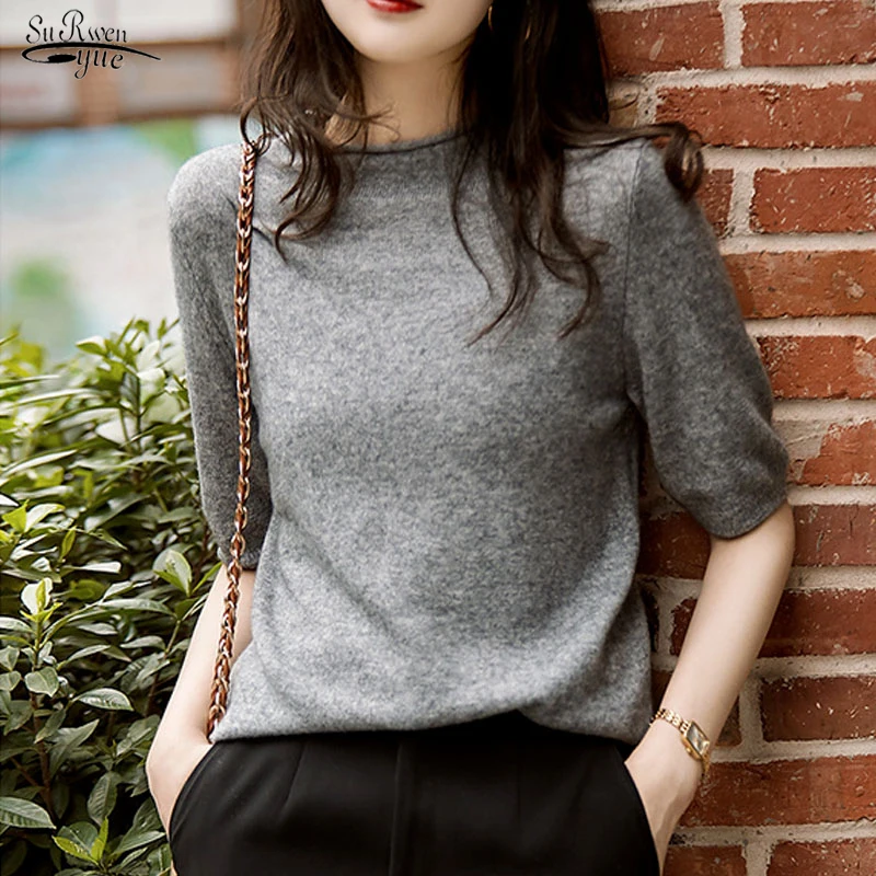 

Casual Korean Knitted Blouse Women 2022 New Women Tops Half-Turtleneck Fashion Chic Clothes Summer Solid Loose Clothing 13777