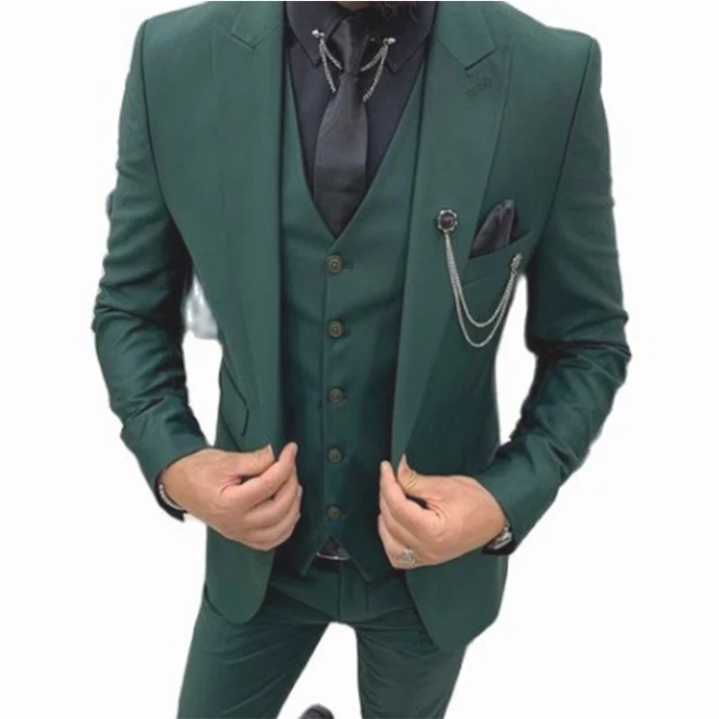 2022 Green Peak Lapel Slim Fit Mens Suits 3 Pieces Tuxedos Terno Masculino Groom Wedding Prom Costume Homme Blazer