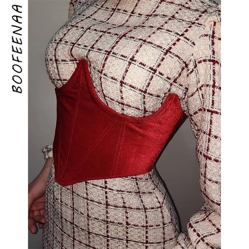 

BOOFEENAA винтажный однотонный бархатный бандажный корсет с завязкой под грудью сексуальный модный широкий поясной большой пояс для женщин Вес...