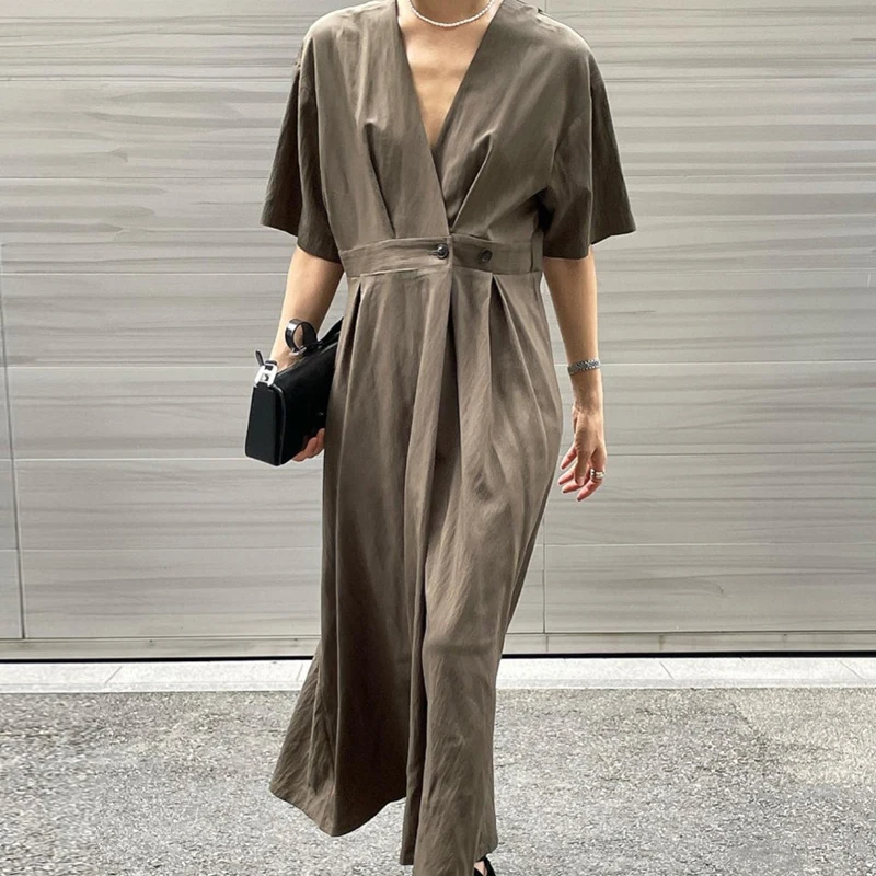 

VANOVICH корейский стиль лето Новый Винтажный темпераментный Глубокий V-образный вырез Талия тонкое длинное платье с коротким рукавом однотонн...