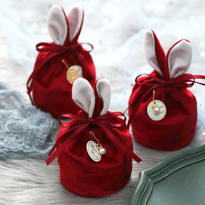 

5Pcs Rabbit Ears Gift Bags Easter Cute Bunny Gift Packing Bags Chocolate Candy Velvet Pouches Valentines Day Wedding Decoration