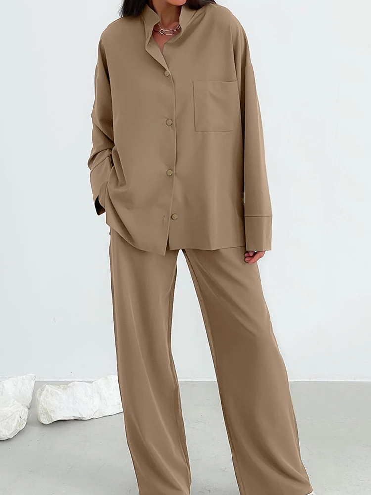 

Linad Loose Pajamas For Women 2 Piece Sets Casual Long Sleeve Sleepwear Female Trouser Suits Autumn Nightwear Solid Homewear