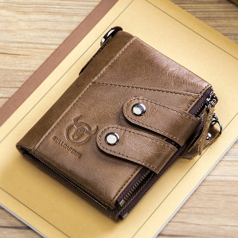 Cowhide Leather Men's Wallet Coin Purse RFID Anti-thef Small Card Holder Fashion Chain  Male Vintage Pockect