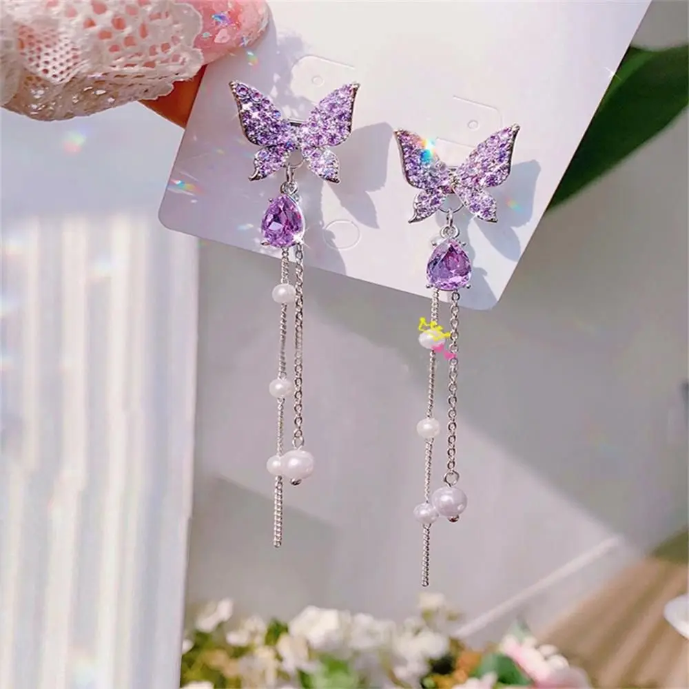 

1Pair Fashion Butterfly Earrings Crystal Shiny Long Pearl Tassel Pendientes Chain Drop Dangle for Women Party Charm Gifts