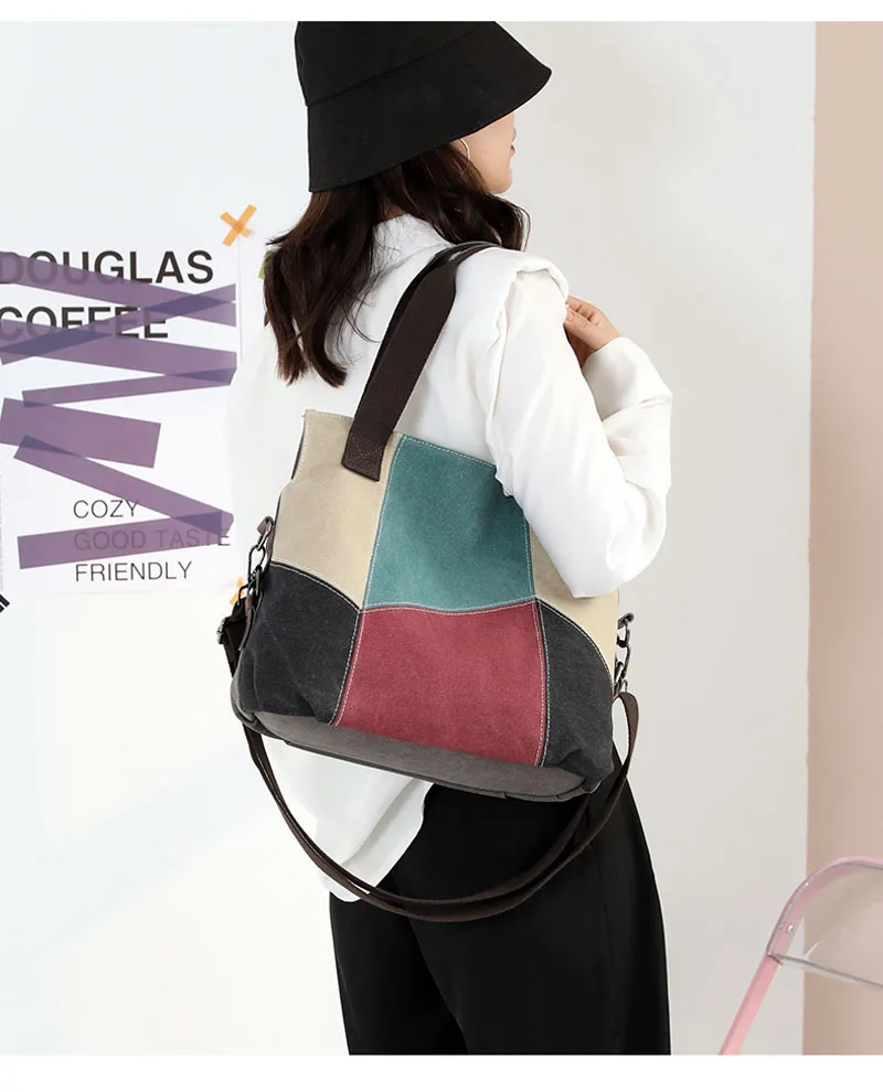 Women's Canvas Choulder Bag, Casual Fashion Large Capacity Cross-body Bag  Stylish Contrast Stitching Tote Bag Vintage Shoulder