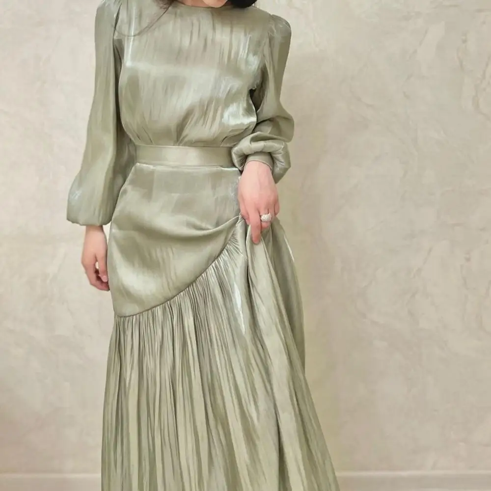 Женское однотонное платье с круглым вырезом модные Плиссированные Длинные