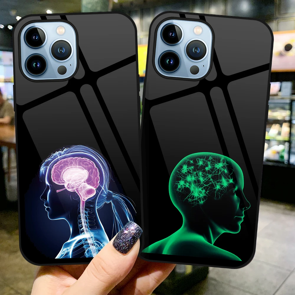 

Luminous Glass Brain Case for Iphone 14 13 11 Pro Max 12 Mini XS X XR 6S 7 8Plus SE 2022 2020 Protection Back Shell Cover Fundas