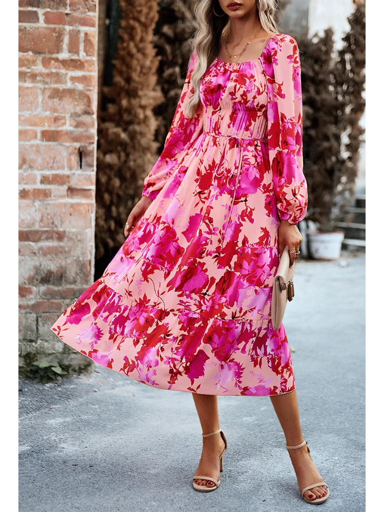 

Платье женское длинное с цветочным принтом, элегантная повседневная модная офисная уличная одежда с длинным рукавом и квадратным вырезом, Осень-зима