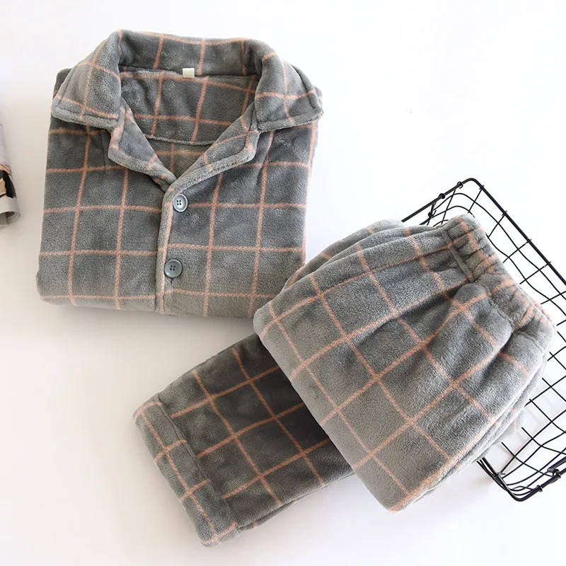 New winter men's pajamas suit flannel long sleeved trousers two-piece coral velvet men's plaid warm and thickened home clothes