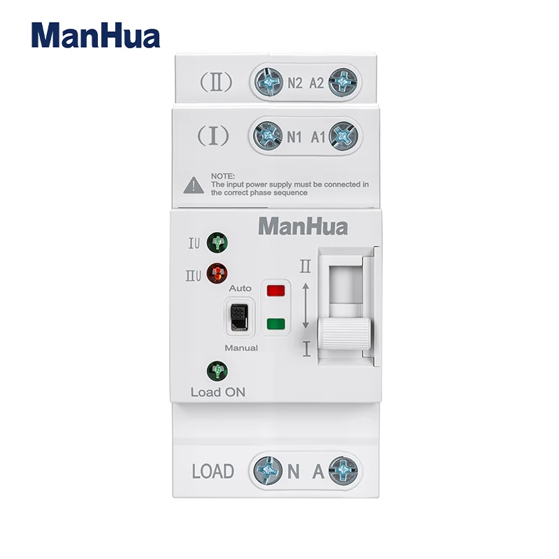 Фото Автоматический переключатель ManHua Dual Power MES1-63NS/2P, 220В, 63А, 2 полюса, электрический выключатель типа PC, для бытового использования, на DIN-рейку №1