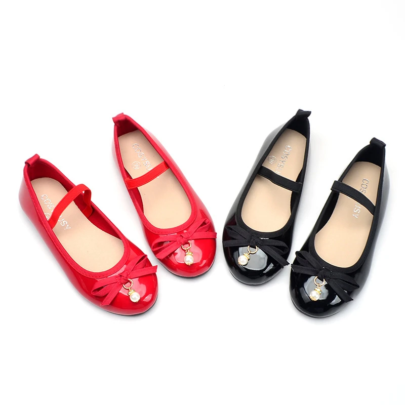 

Girls Red Loafers Shoes with Bow Tie Spring Kids Princess Leather Shoes Children's Flats Shoes for For Party Wedding Pearls