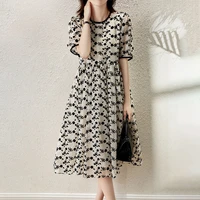 2021 summer new floral short sleeve retro gentle french long dress casual a line o neck summer o neck