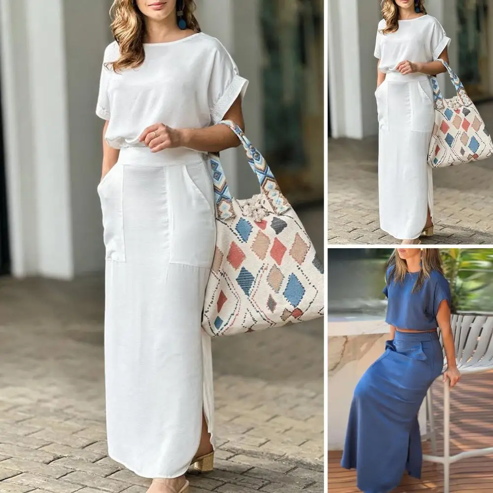 

Женский комплект из двух предметов Wefads, модный однотонный топ с коротким рукавом и круглым вырезом, повседневный комплект с юбкой с высокой талией и карманами, уличная одежда