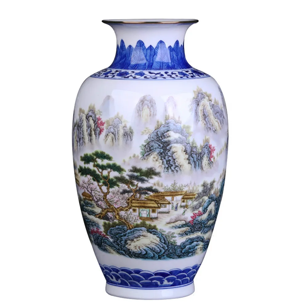 

Blue and White Ceramic Vase With Golden Rim Design Porcelain Landscape Pattern Vase Handmade Jingdezhen Flower Vases