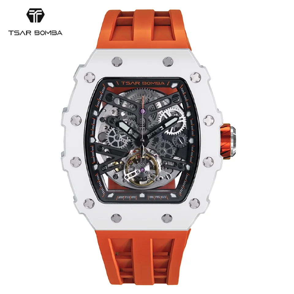 

Ceramic Bezel TSAR BOMBA Mechanical Watches Men White Automatic Wristwatch Water Resistant Clock Luxury Mens Gift