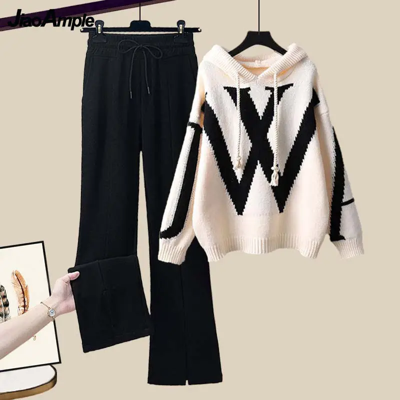 

Women's Autumn Winter Casual Letter Hooded Sweater Flare Pants Two Piece Set Lady Leisure Knit Pullover Black Trousers Outfits