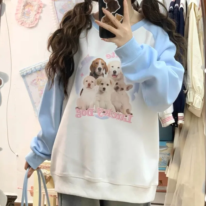 

Hikigawa Cartoon Dog Print Contrast Color Tops Women Loose Harajuku Long Sleeve O Neck Autumn Preppy All Match Sweatshirts