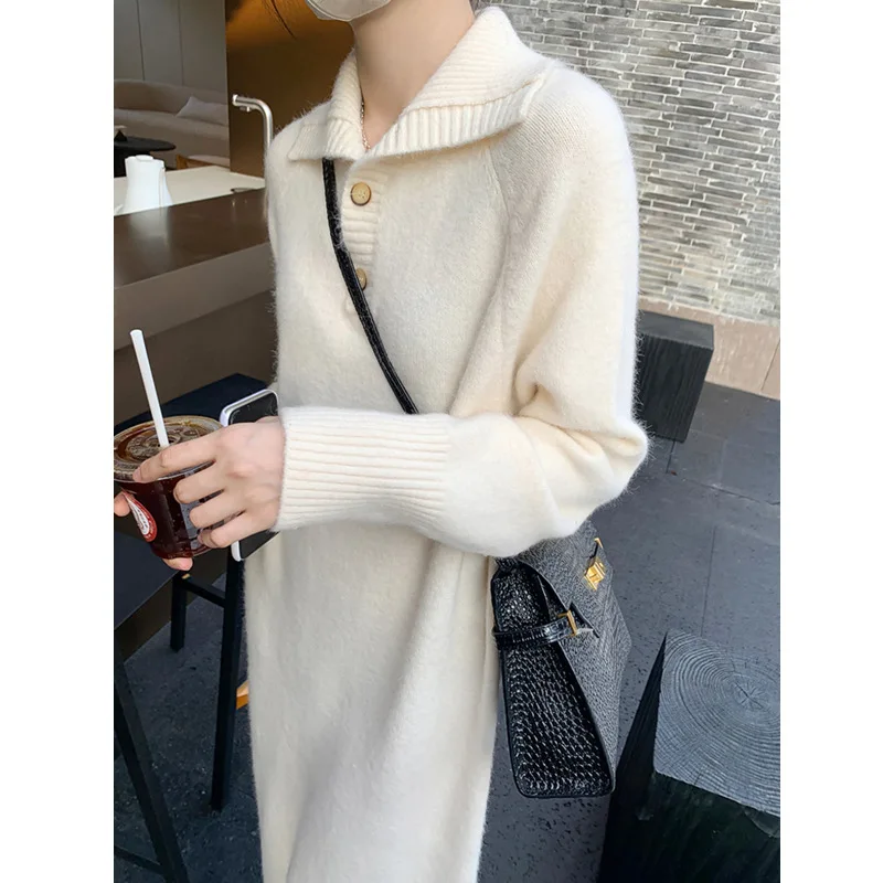 

Thicken Long Knitted Dress Women Winter turn-down neck Loose Long Sweater Dress Female Autumn Loose Style Warm Knitwear Ladies