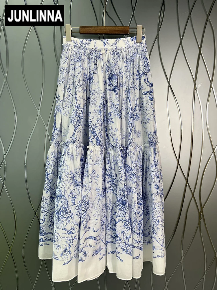 JUNLINNA 100% Cotton Flower Printed Skirt Spring Summer Women Party Street Sliming Half Dresses