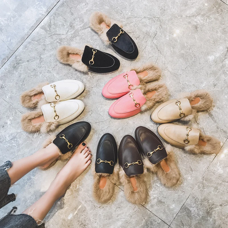 2023 Internet Red Rabbit Hair Baotou Half Tuo Lazy Man Flat Bottom Plush Shoes Plush Slippers~Female Outsiders Wear Muller Shoes