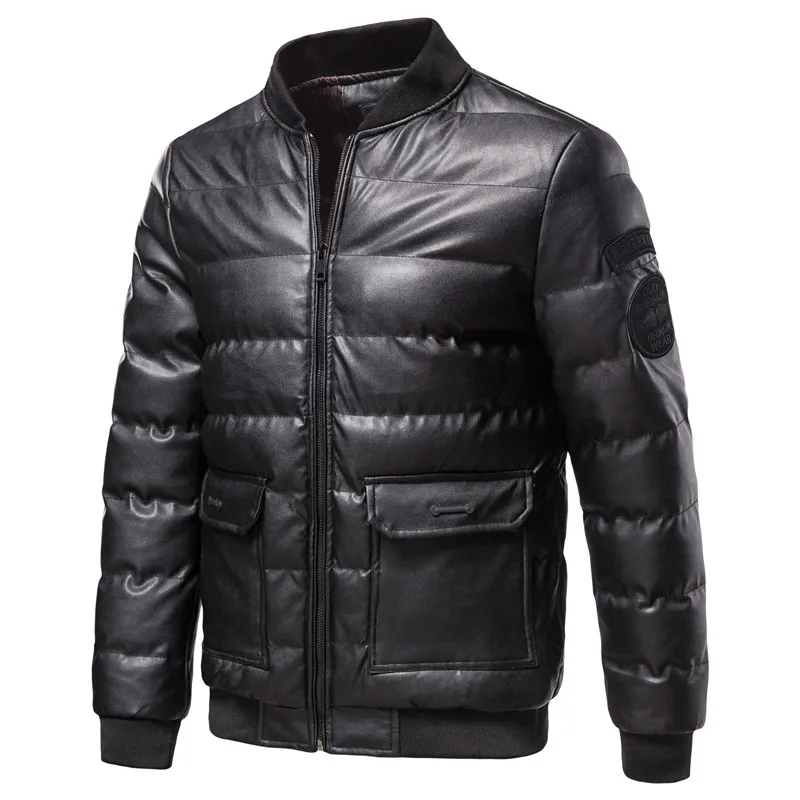 Parkas Winter Coats New Cotton-padded Men's PU Leather Jacket Casual Slim Bomber Jackets Men Warm Parka Mens Winter Coat Black