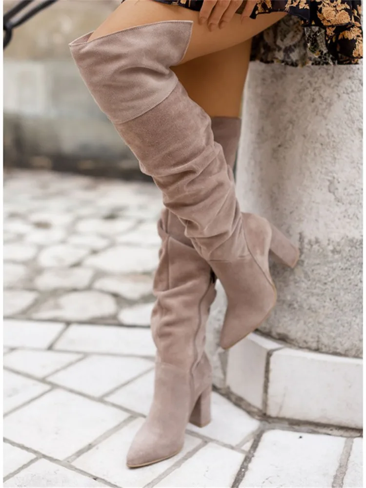 Women Boots Winter 2022 Designer Luxury Faux Suede High Heels Plus Size Women Shoes Elegant Pointed Lady Kover The Knee Boots