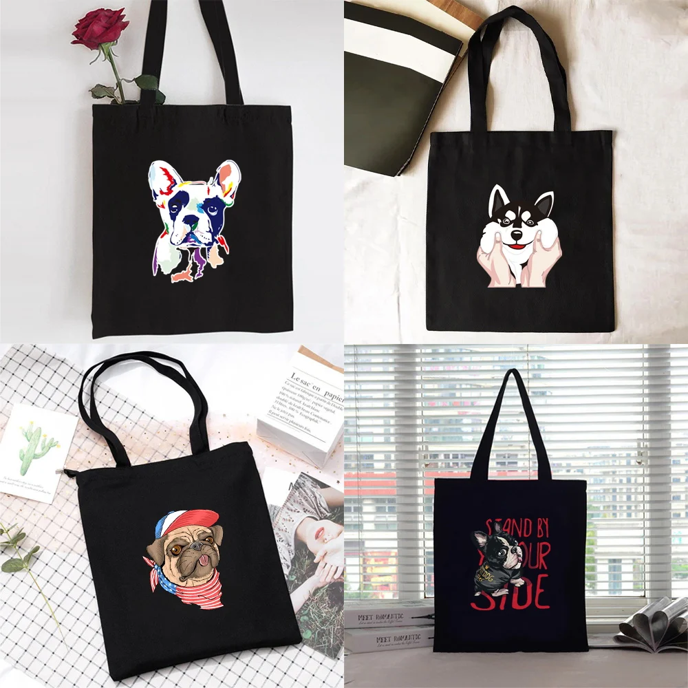 

Women Shopper Organizer Canvas Shopping Bag Handbag Foldable Shoulder Bag Students Large Capacity Grocery Tote Bag Dog Patter