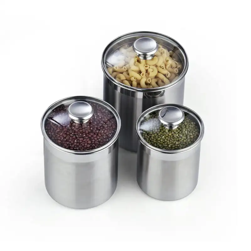 

Steel airtight Glass lid 3-Piece Food Jar Storage Canister Set for Tea Cofee Sugar Flour Baking Pantry Kitchen Counter