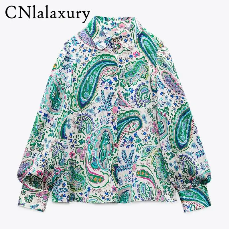 

CNlalaxury Summer Women Fashion Printed Single Breasted Blouse Vintage Long Sleeves Lapel Female Chic Lady Shirts Blusas Tops